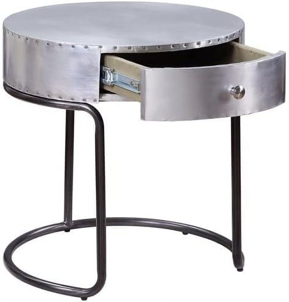 Round Silver Wood and Metal End Table with Storage