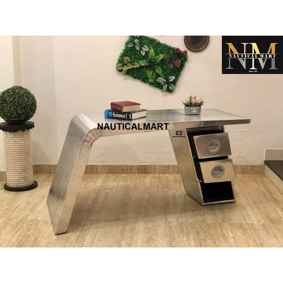 NauticalMart Aviator Wing Desk Aluminium Table Home Office Aviator Furniture Decor (Two Drawer, 60 Inches)