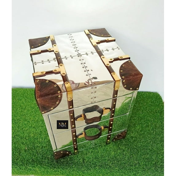 NauticalMart Bedside Trunk Chest Aluminium Aviator Vintage Home Bar Hotel Furniture Table Storage Nightstand Bedroom, Living Room