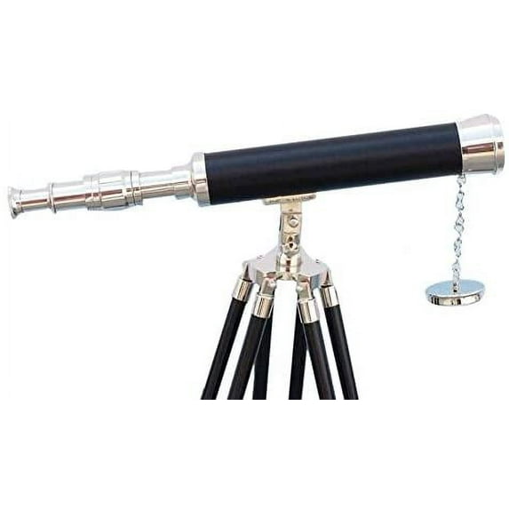 NauticalMart Floor Standing Brushed Nickel with Black Leather Harbor Master Telescope 18"