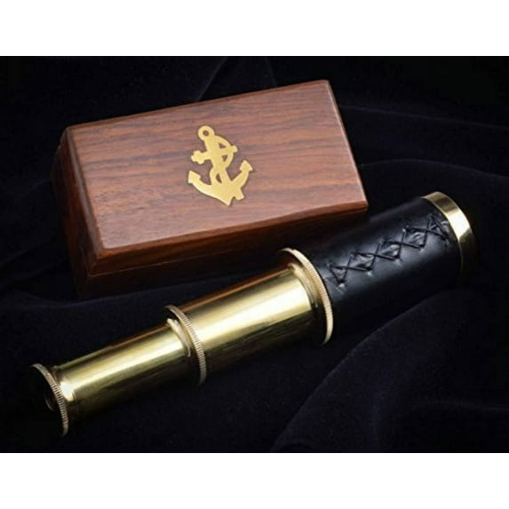 NauticalMart Handheld Brass Pirate Navigation Telescope with Wooden Box - by Explore (17")