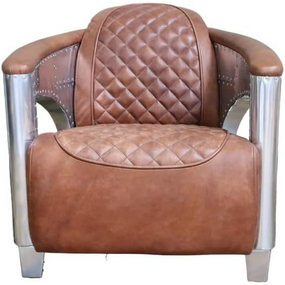 NauticalMart Leather Hurricane Aviator Armchair Industrial Style Aluminum & Leather Sofa Living Room Hallway Decor Entryway Bedroom Furniture