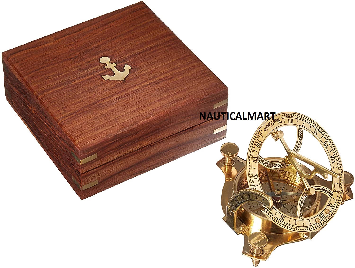 NauticalMart Solid Brass Round Sundial Compass with Design Rosewood Box - Brass - image 1 of 3
