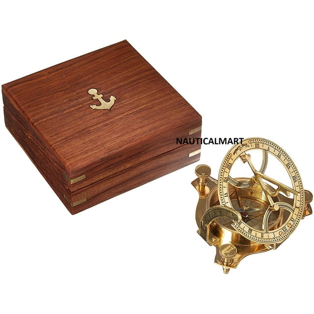 NauticalMart Solid Brass Round Sundial Compass with Design Rosewood Box - Brass