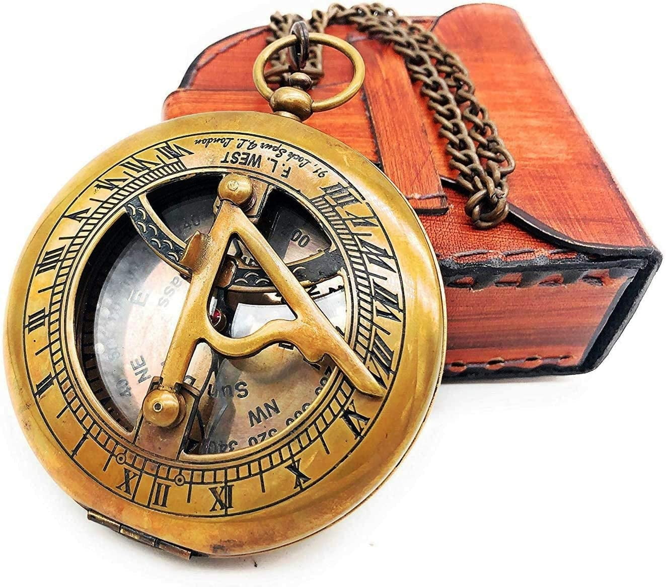 NauticalMart Sundial Compass, Antique Steampunk Brass Sundial Compass,  Sundial Watch with Leather case Sundial 