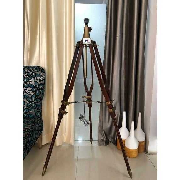 NauticalMart Vintage Campaign Wooden Tripod Floor Lamp Nautical Floor Home Decor lamp