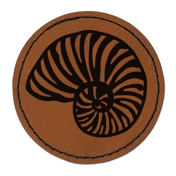 Nautilus Beach Sea Shell 2.5" Faux Leather Round Engraved Iron-On Patch - Brown
