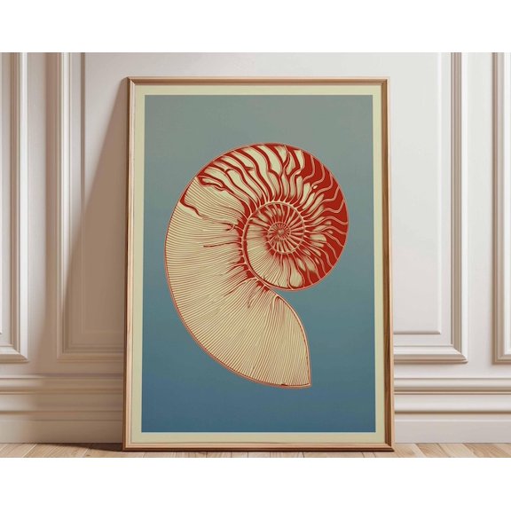 Nautilus Shell Modern Coastal Bold Spiral Sea Red Blue Minimalist Wall Art Print, Unframed Paper Poster 8x10in
