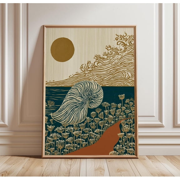 Nautilus Shell Poster | Coastal Folk Art | Beach Wall Art, Poster Only