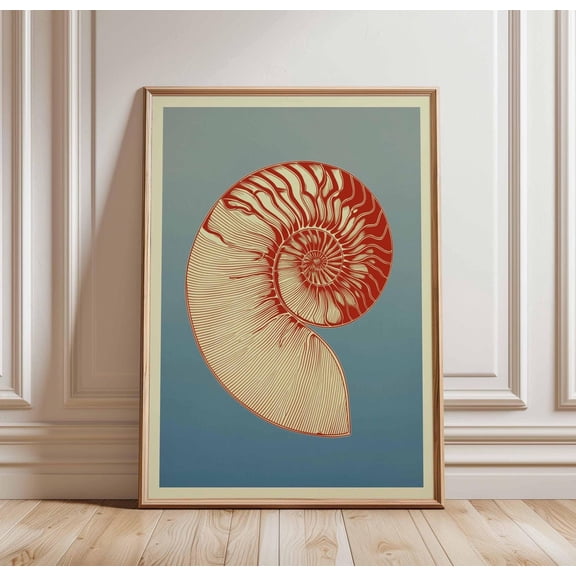 Nautilus Shell Poster, Red Blue Coastal Wall Art