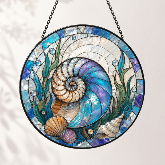 Nautilus Shell Stained Glass Suncatcher Acrylic Window Hanging Ocean Gift