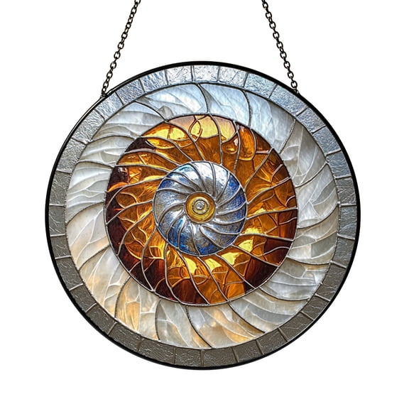 Nautilus Shell Stained Glass Suncatcher, Window Hanging Decor Featuring Spiral Shell Form with Ocean Inspired Blue Tones