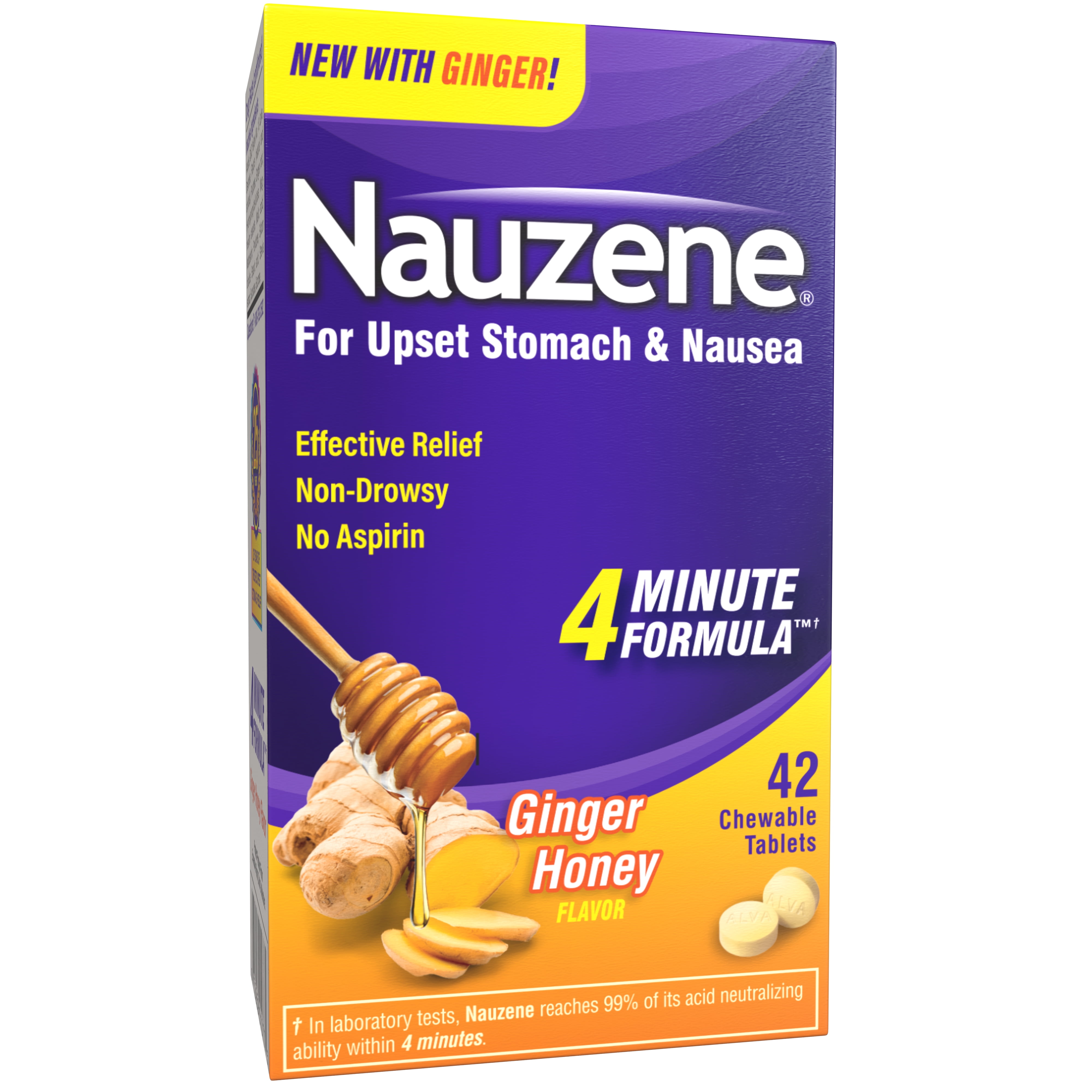 Nauzene Upset Stomach & Nausea Relief, Formulated with Ginger, Relief in 4 Minutes, Ginger Honey Flavor Chews, 42 Count