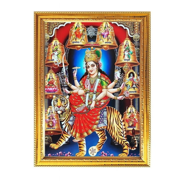 Nav Durga Maa, Vaishno Devi, Chintpurni 9 Form Golden Photo Frame for Pooja Indian with a religious or spiritual theme Temple Puja Room Home Décor Worship 8.6 X 11