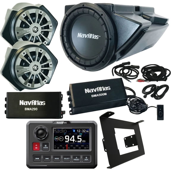 NavAtlas AM/FM Bluetooth USB Waterproof Digital Media Receiver Bundle Combo with 6.5" Powersports Speaker System w/ Amp, 10" Subwoofer w/ Amp, Dash Kit (Compatible with 2019-2020 Polaris RZR Turbo S)