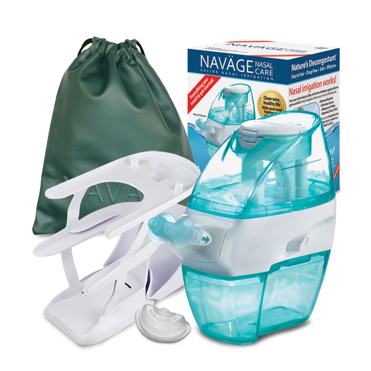 Navage Deluxe Bundle - Navage Nasal Irrigation System - Saline Nasal Rinse  Kit with 1 Navage Nose Cleaner, 20 Salt Pods, Hunter Green Travel Bag and 1