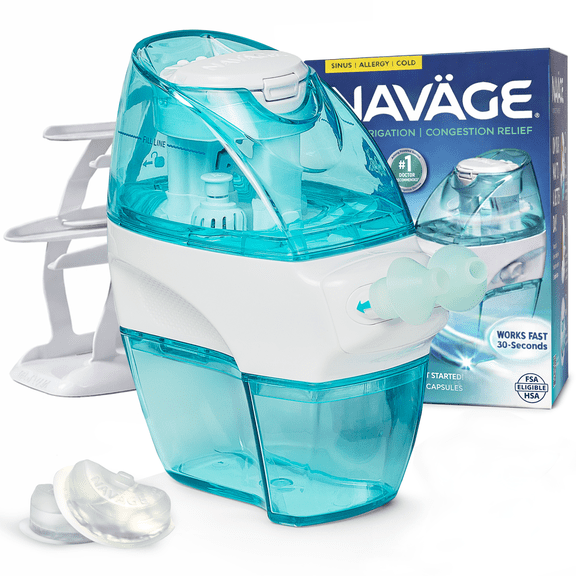 Navage Nasal Care ESSENTIALS Bundle: Navage Nose Cleaner, Countertop Caddy, and 30 SaltPod Capsules.