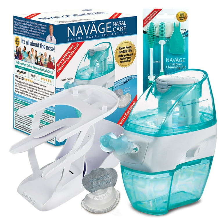 Navage Nasal Care ESSENTIALS Bundle: Navage Nose Cleaner, Countertop Caddy,  and 20 SaltPod Capsules.