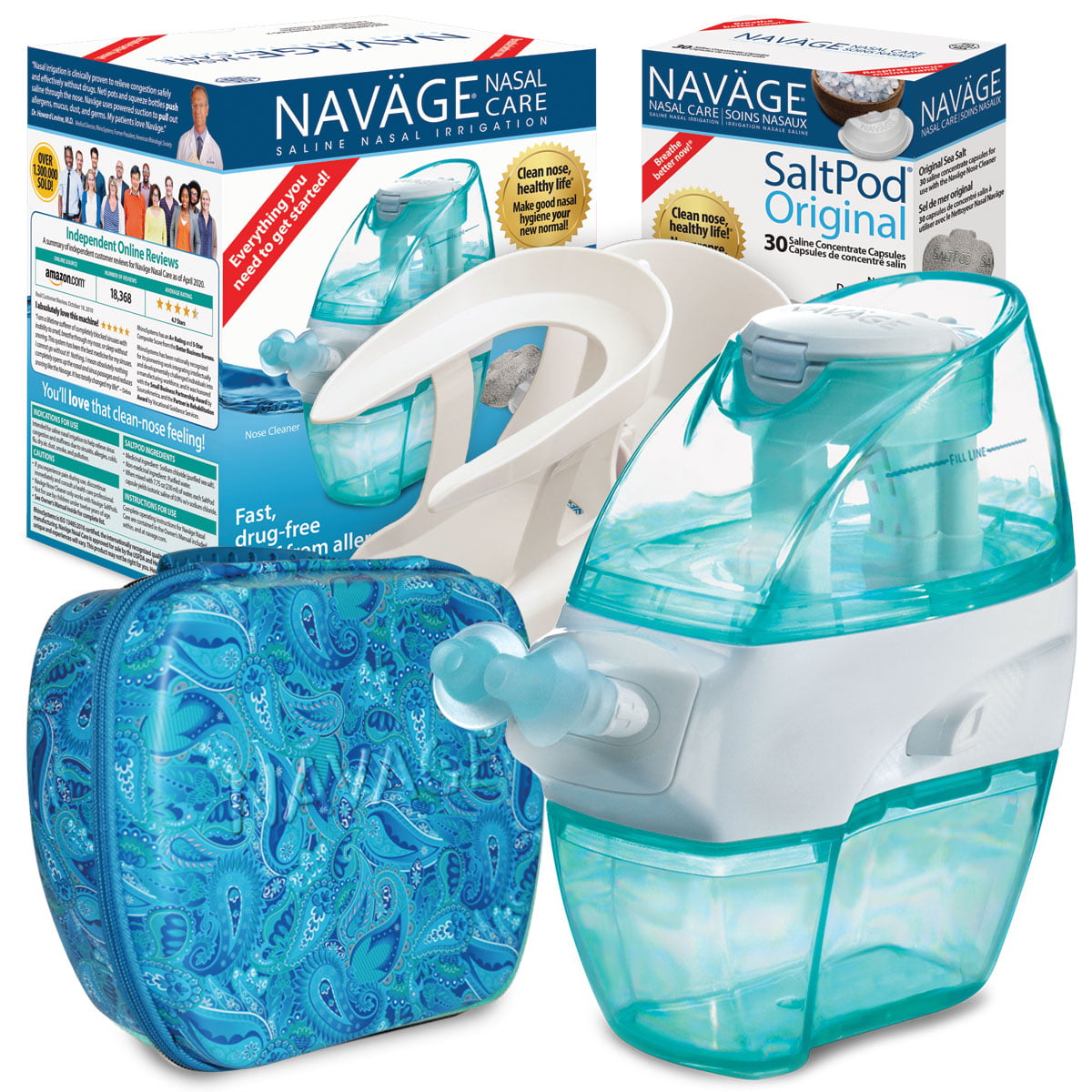 Navage Starter Bundle Nasal Irrigation System - Saline Nasal Rinse Kit with  1 Nose Cleaner and 30 Salt Pods