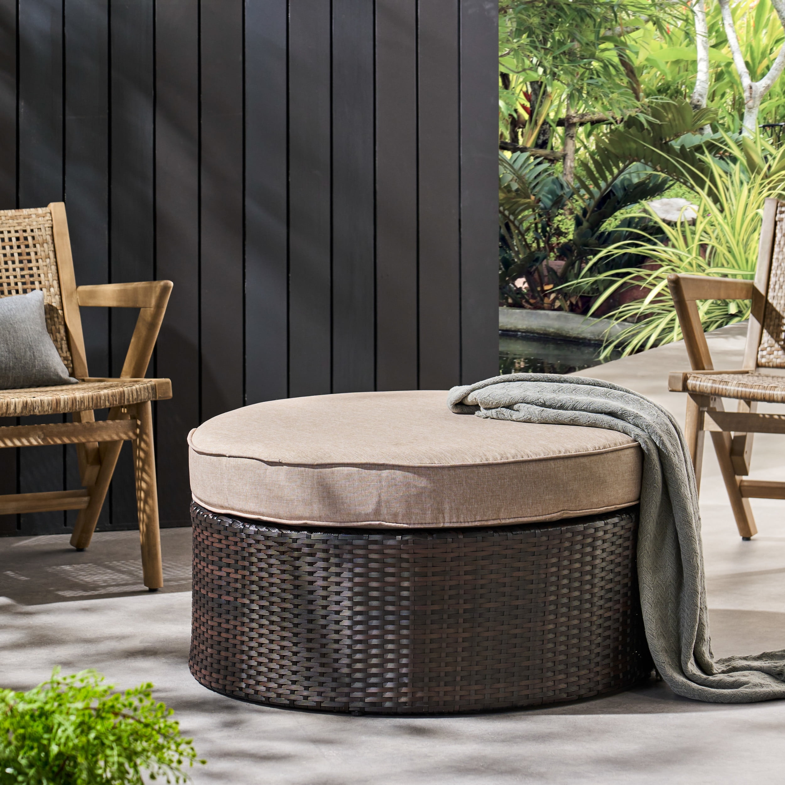 Navagio Wicker Outdoor Ottoman with Cushion Brown and Navy Blue Walmart