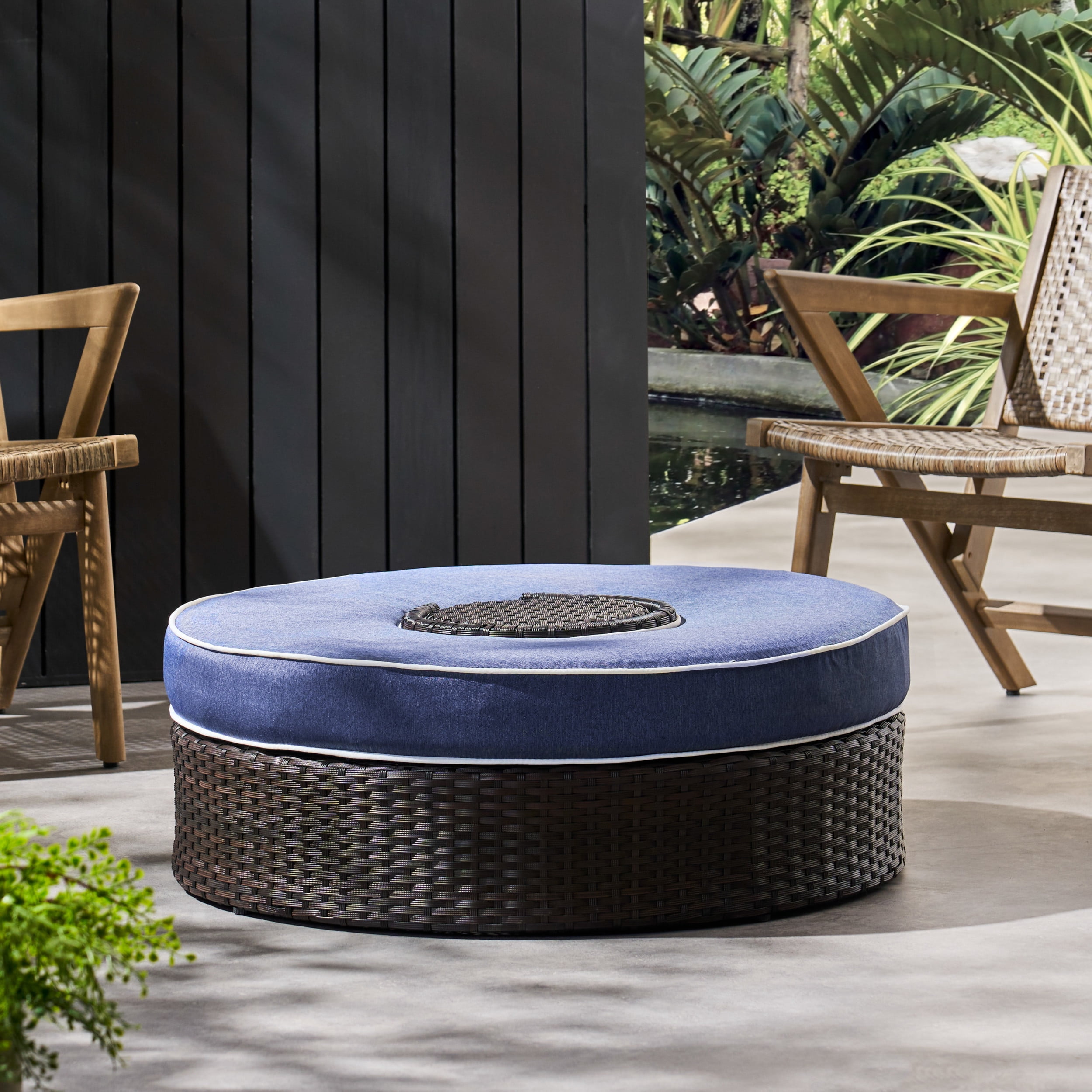 Navagio Wicker Outdoor Ottoman with Ice Bucket, Brown and Navy Blue