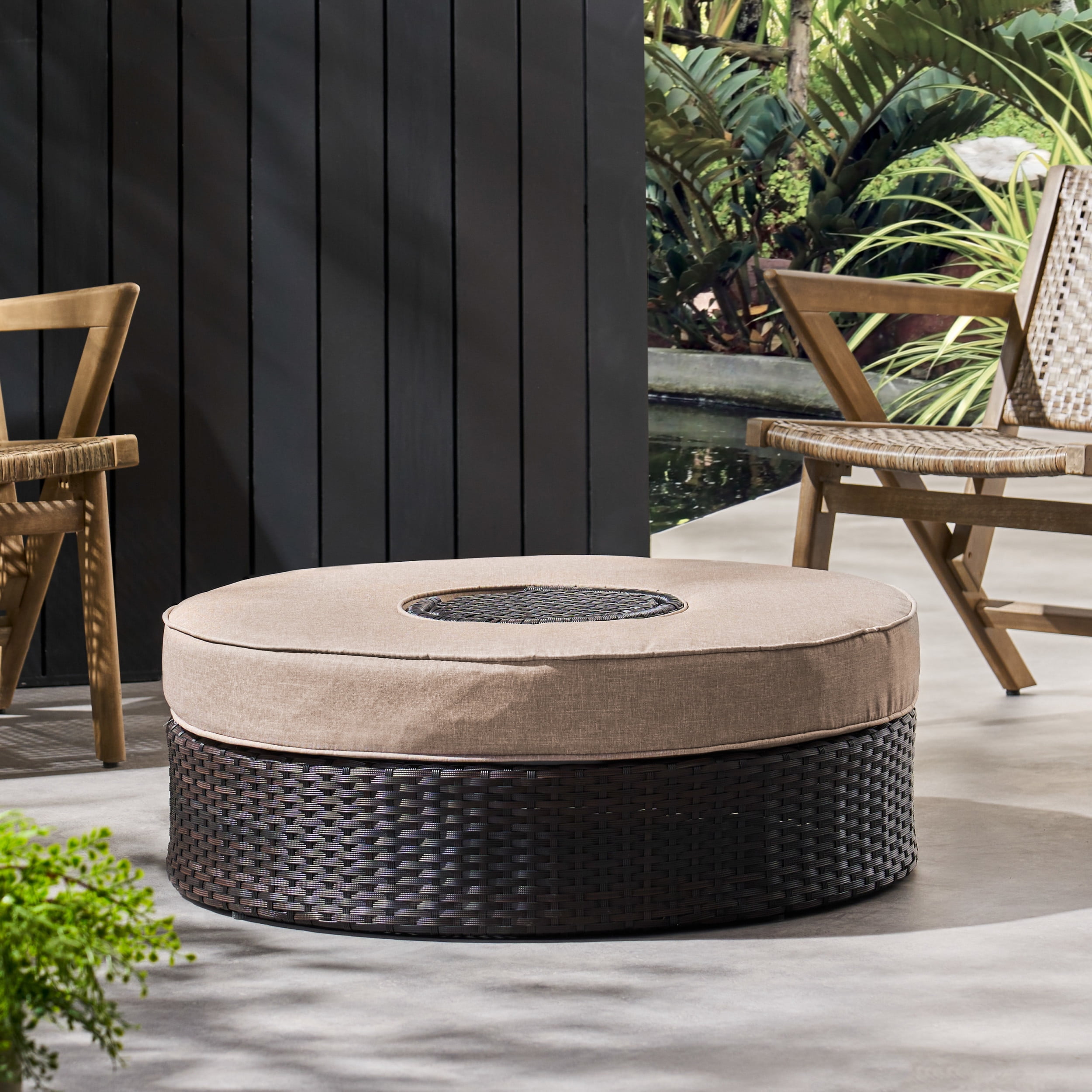 Navagio Wicker Outdoor Ottoman with Ice Bucket Brown and Textured Beige