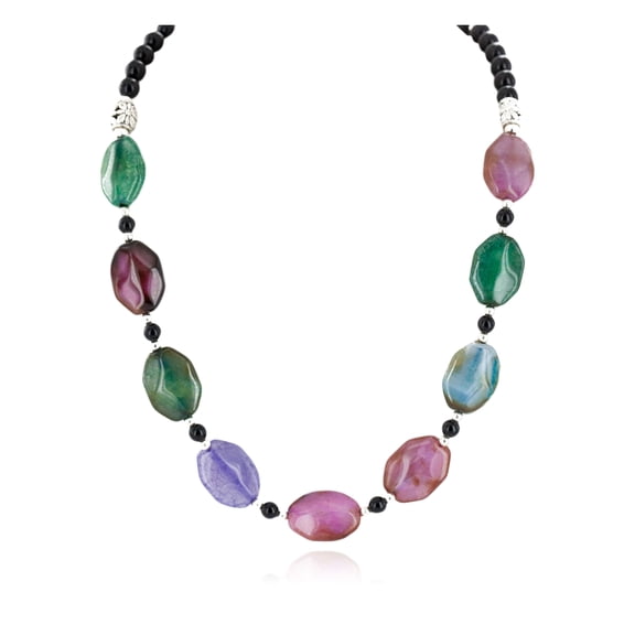 Navajo .925 Sterling Silver Black Onyx Dyed Amethyst and Quartz Native American Necklace 25288-3