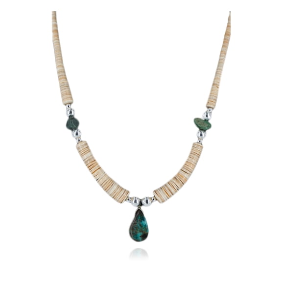 Navajo .925 Sterling Silver Graduated Heishi and Natural Turquoise Native American Necklace 750166