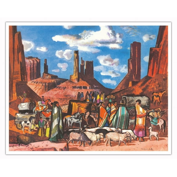 Navajo Encampment - Monument Valley Utah - United Air Lines - Vintage Airline Travel Poster by Millard Sheets c.1952 - Fine Art Matte Paper Print (Unframed) 16x20in