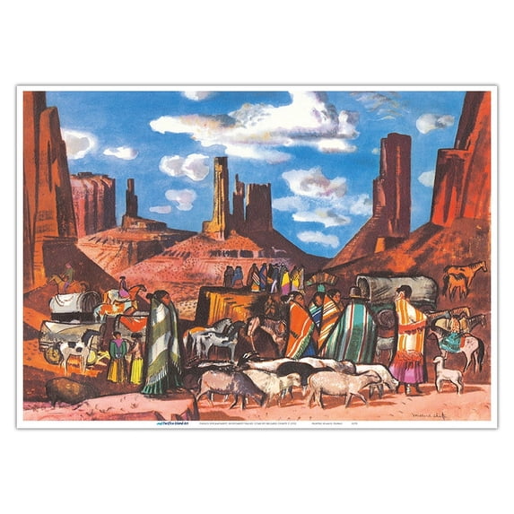Navajo Encampment - Monument Valley Utah - United Air Lines - Vintage Airline Travel Poster by Millard Sheets c.1952 - Master Art Print 10in x 14in