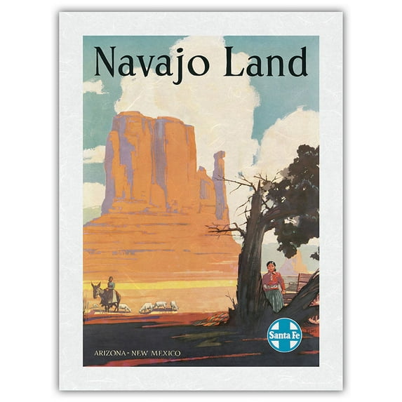 Navajo Land - Arizona New Mexico - Santa Fe Railroad - Navajo Nation Monument Valley - Vintage Railroad Travel Poster by Elms c.1954 - Japanese Unryu Rice Paper Art Print (Unframed) 18 x 24 in