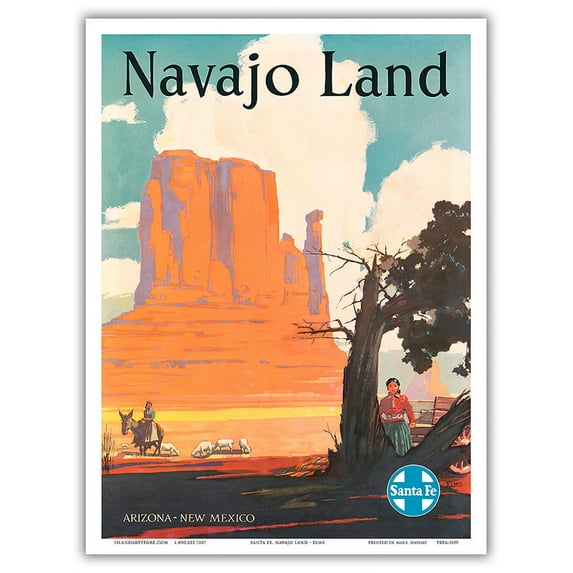 Navajo Land - Arizona New Mexico - Santa Fe Railroad - Navajo Nation Monument Valley - Vintage Railroad Travel Poster by Elms c.1954 - Master Art Print (Unframed) 9in x 12in