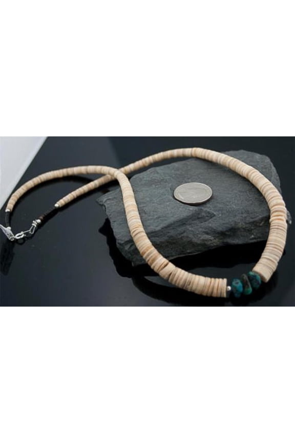 Navajo Native .925 Sterling Silver Graduated Melon Shell and Turquoise Native American Necklace