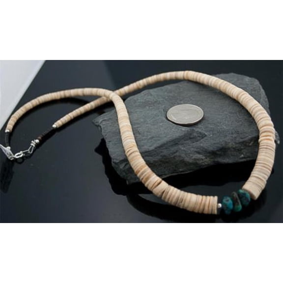 Navajo Native .925 Sterling Silver Graduated Melon Shell and Turquoise Native American Necklace