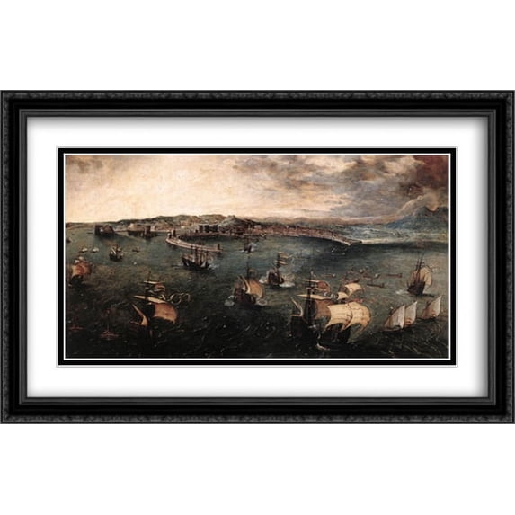 Naval Battle in the Gulf of Naples 2x Matted 40x26 Large Black Ornate Framed Art Print by Bruegel, Pieter the Elder