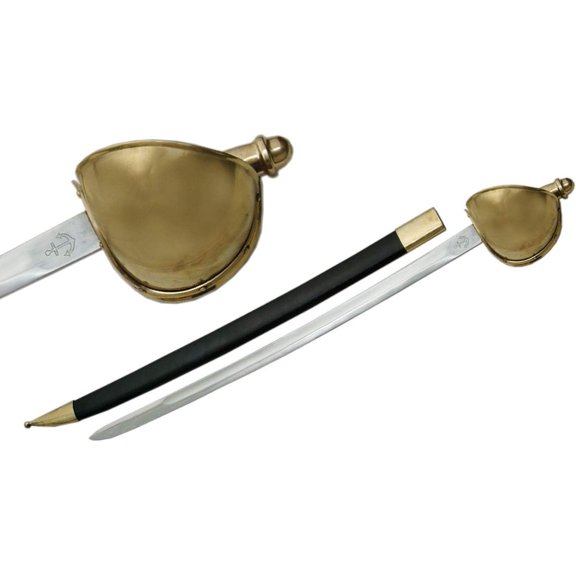 Historical Naval Cutlass Replica, 33-Inch Stainless Steel Decorative Sword with Scabbard, Brass Guard and Leather-Wrapped Handle