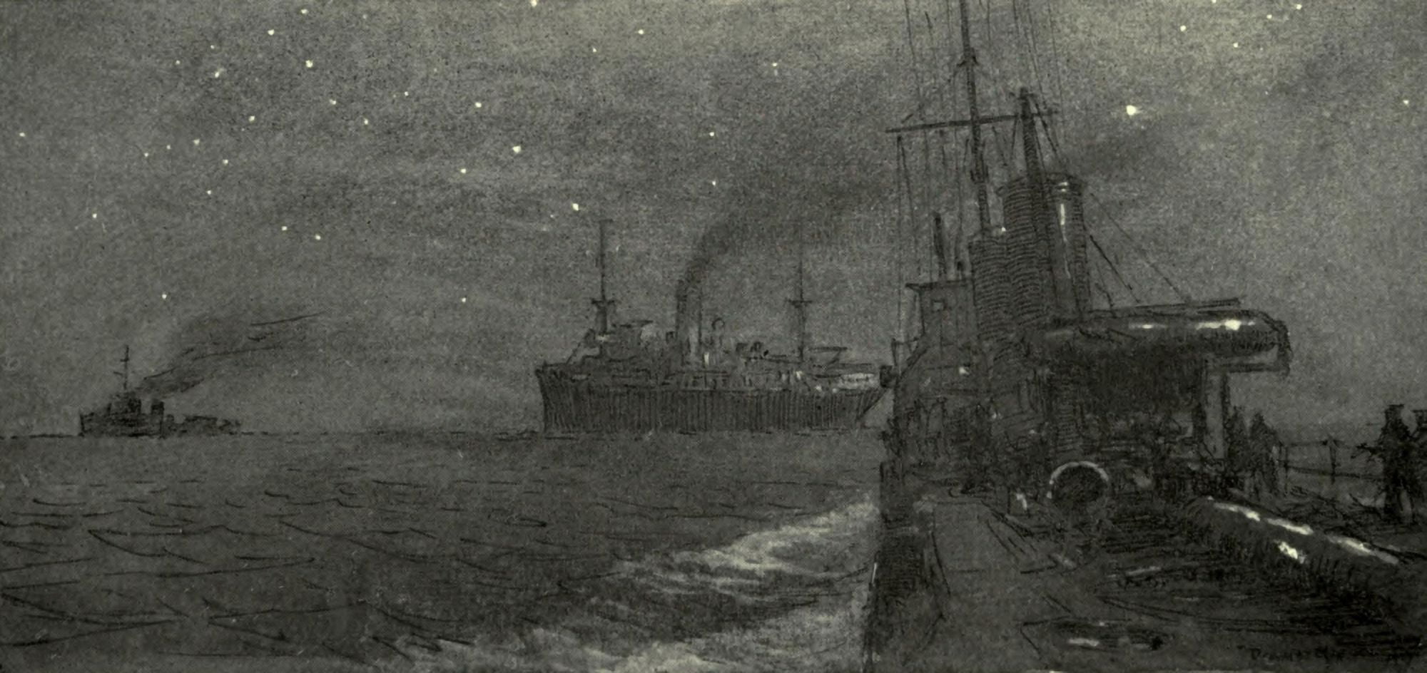 Naval Front 1920 Destroyers convoying a troop ship to France Canvas Art - Donald Maxwell (18 x 24)