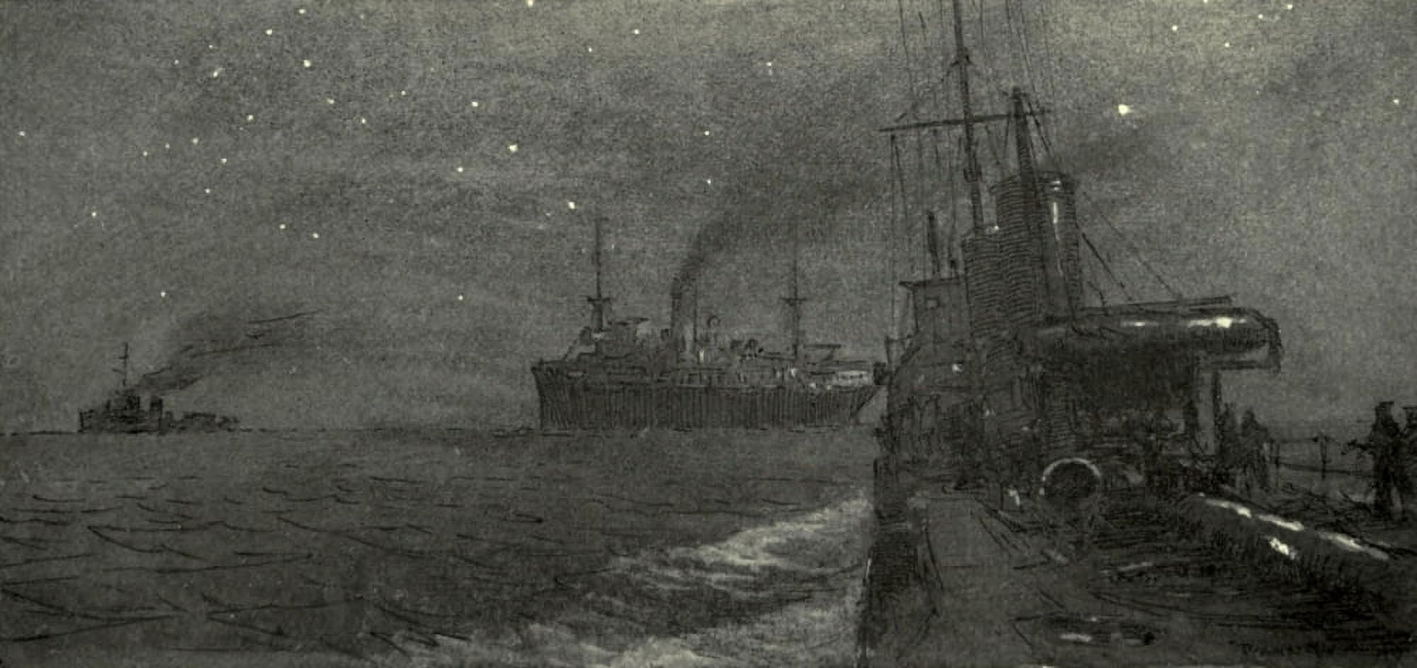 Naval Front 1920 Destroyers convoying a troop ship to France Canvas Art - Donald Maxwell (24 x 36)