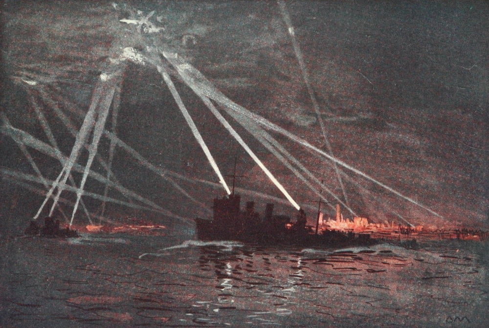 Naval Front 1920 Destroyers engaging a Zeppelin in Tyne Canvas Art - Donald Maxwell (24 x 36)