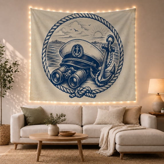 Naval Hat and Binoculars Within Rope Circle by Coastal Sunrise, Nostalgic Vintage for Maritime Fans, Seafaring Decor, Retirement Gift, Tapestry Wall Hanging for Den and Study Room