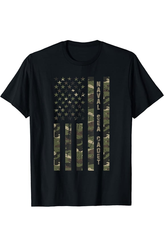 Naval Sea Cadet United States Distressed Camo w US Flag T-Shirt