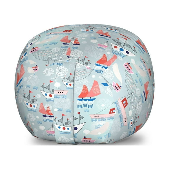 Naval Storage Toy Bag Chair, Summer Season Composition Ships on the Sea Pattern with Boats Waves and Fishing Nets, Stuffed Animal Organizer Washable Bag, Large Size, Multicolor, by Ambesonne