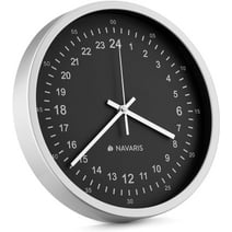 Navaris 24 Hour Wall Clock - 11.8" Analog Military Time Clock with Silent Movement Non-Ticking Hands - Battery Operated - Silver Frame with Black Face