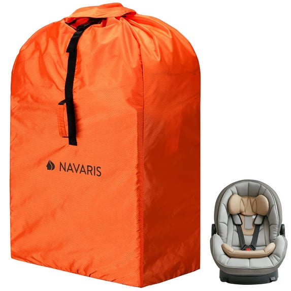 Navaris Baby Car Seat Travel Bag - Waterproof Durable Car Seat Carrier Cover with Address Tag for Airplane - Gate Check Bag with Carry Straps - Air Plane Baby Essentials - Orange