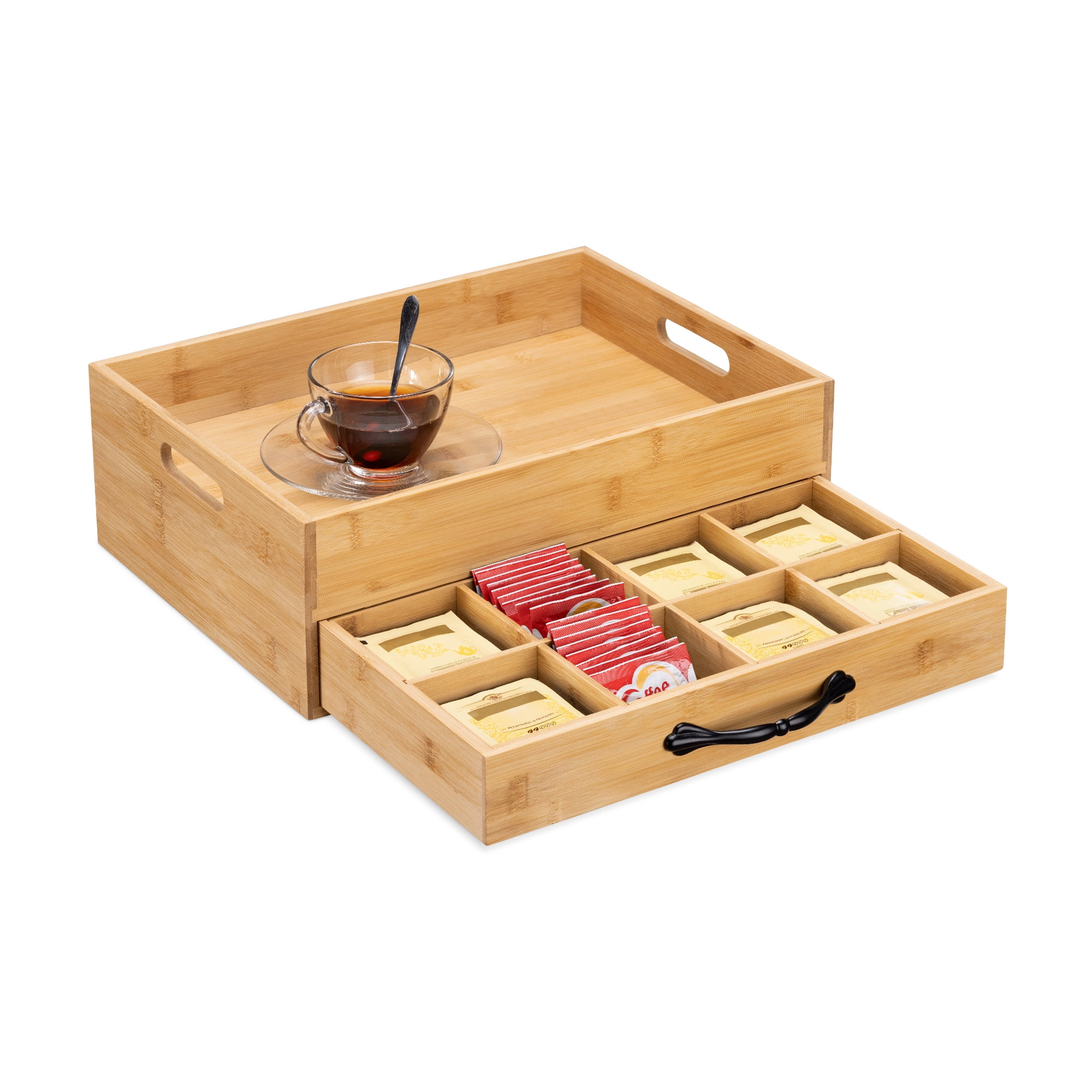 Natural Bamboo Rectangular Serving Tray with Tea Storage Drawer