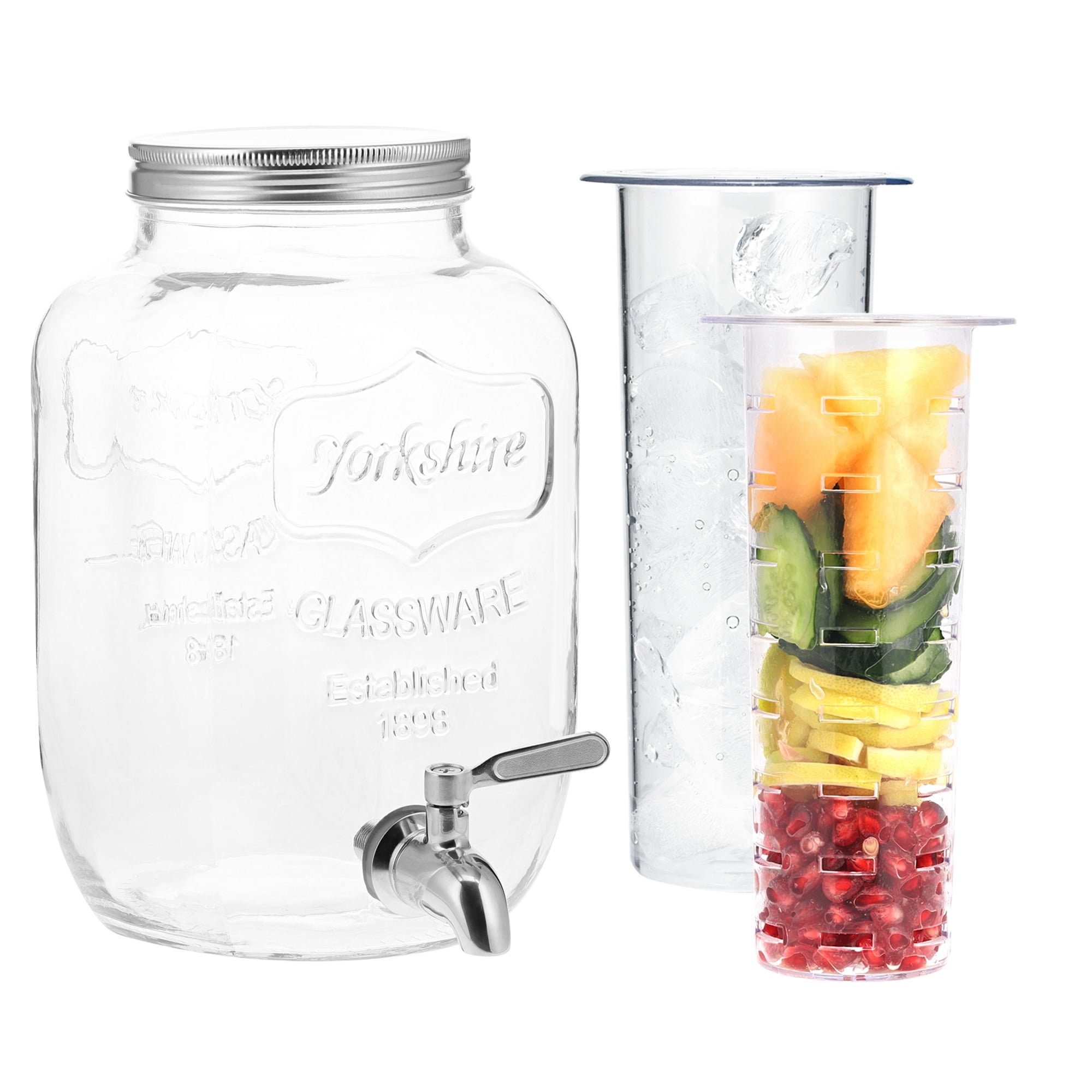 Navaris Beverage Dispenser with Spigot - 1 Gallon (4 L) Glass Drink Jar with Fruit Infuser and Ice Insert for Cold Drinks at Water Parties.