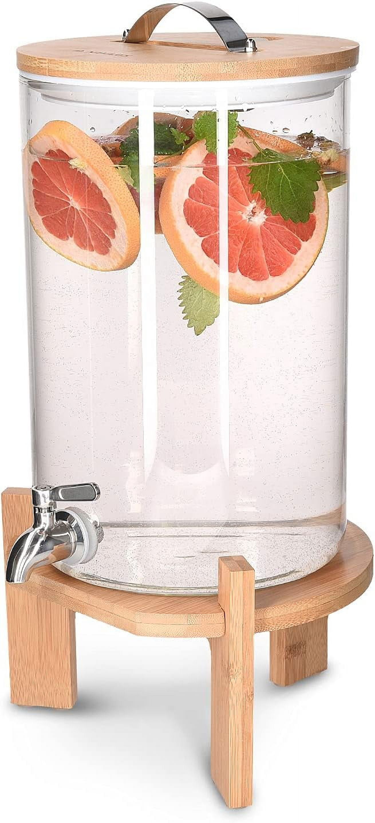 1.8 Gallon Clear Glass Beverage Dispenser with Bamboo Stand and Lid
