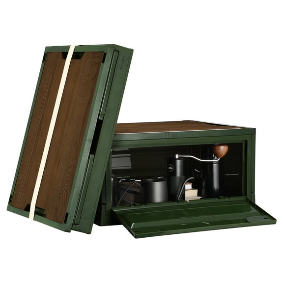 Navaris Camping Storage Box, Green, Set of 2 - 35L Foldable Bin with Pine Wood Lid - Collapsible Folding Crate - Easy to Disassemble Plastic Storage Crates - Stackable with Wheels