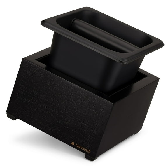 Navaris Coffee Knock Box - Stainless Steel and Wood Bin for Espresso Machine Grounds - With Silicone Bar for Knocking Portafilter Filter Grinds - Black/Black