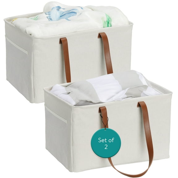 Navaris Collapsible Laundry Bin - Set of 2 - Foldable Clothes Basket - Small Slim Wash Bin - Double Hamper for Lights and Darks - Washing Up Bag Bins - Beige